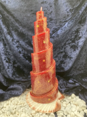 Kerze Spiralturm rot mit Gold-Sternenstaub handgefertigt