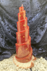 Kerze Spiralturm rot mit Gold-Sternenstaub handgefertigt